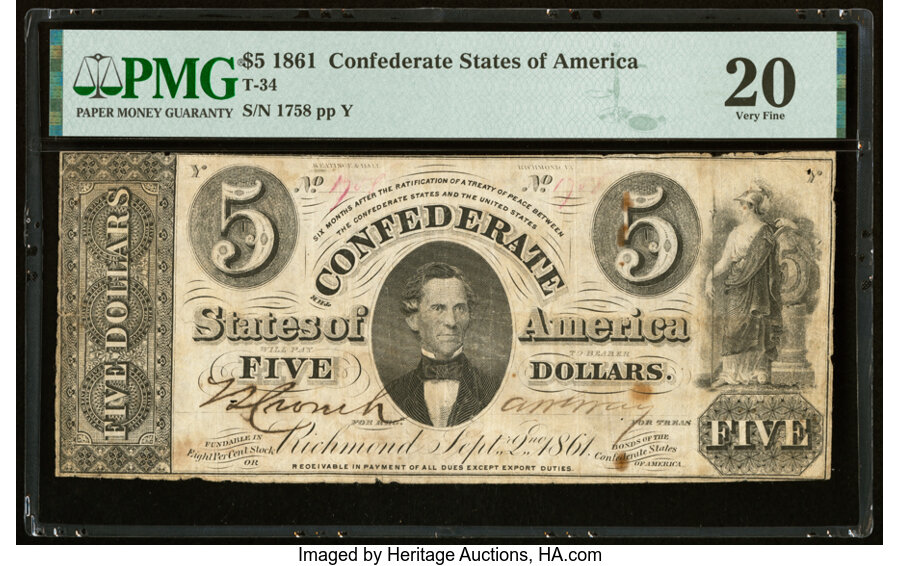 image for: "Reoeivable" Error T34 $5 1861 PF-2 Cr. 262A PMG Very Fine 20....