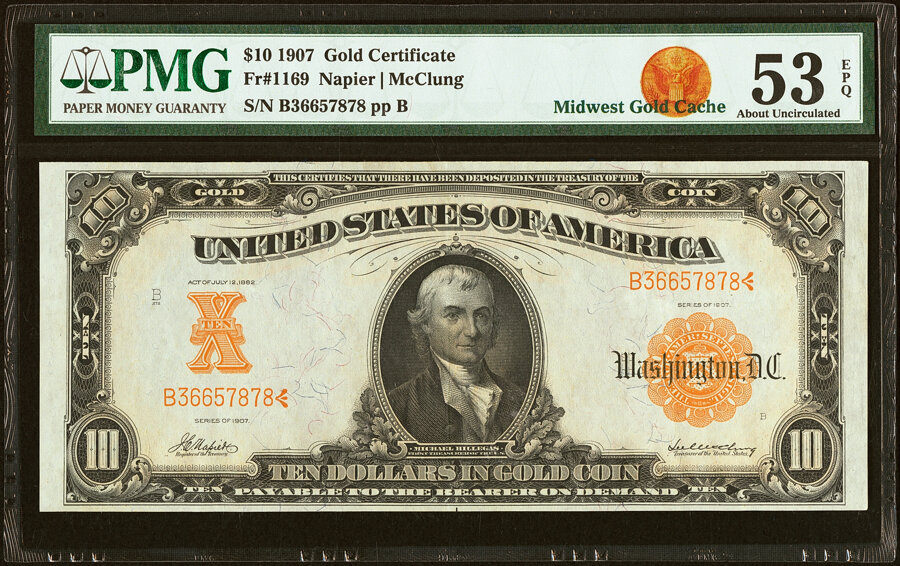 image for: Fr. 1169 $10 1907 Gold Certificate PMG About Uncirculated 53 EPQ....