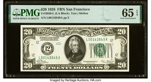 image for: Fr. 2050-L $20 1928 Federal Reserve Note. PMG Gem Uncirculated 65 EPQ....