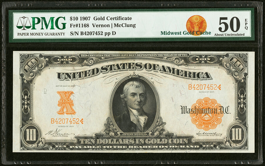 image for: Fr. 1168 $10 1907 Gold Certificate PMG About Uncirculated 50 EPQ....