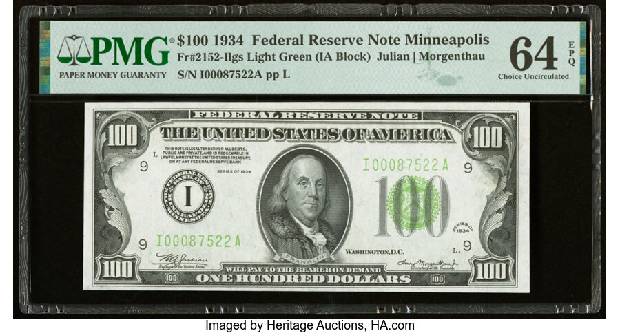 image for: Fr. 2152-I $100 1934 Light Green Seal Federal Reserve Note. PMG Choice Uncirculated 64 EPQ....