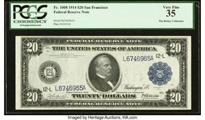 image for: Fr. 1008 $20 1914 Federal Reserve Note PCGS Very Fine 35....