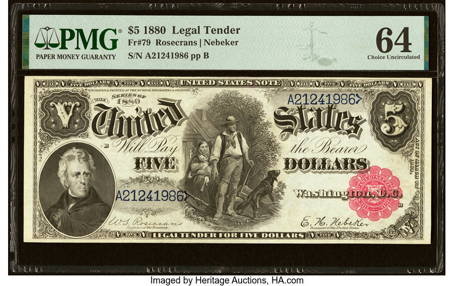image for: Fr. 79 $5 1880 Legal Tender PMG Choice Uncirculated 64....
