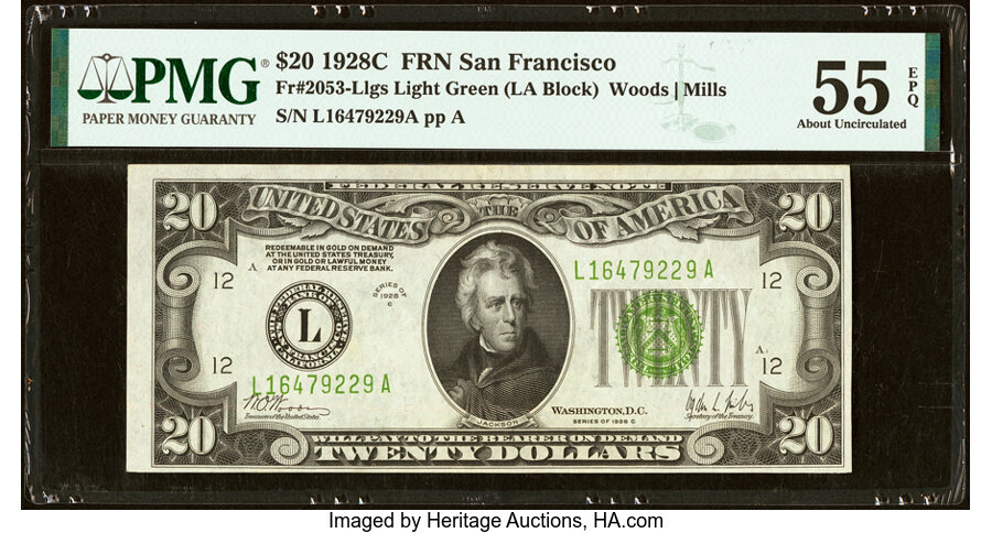 image for: Fr. 2053-L $20 1928C Light Green Seal Federal Reserve Note. PMG About Uncirculated 55 EPQ....