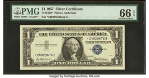 image for: Fr. 1619* $1 1957 Silver Certificate Star. PMG Gem Uncirculated 66 EPQ....