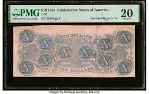 image for: Inverted Back Error T52 $10 1862 PF-11IB Cr. UNL PMG Very Fine 20....