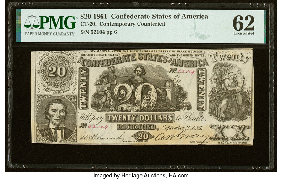 image for: "J. Whatman, 1861" Watermarked CT20/141D Contemporary Counterfeit $20 1861 PMG Uncirculated 62....