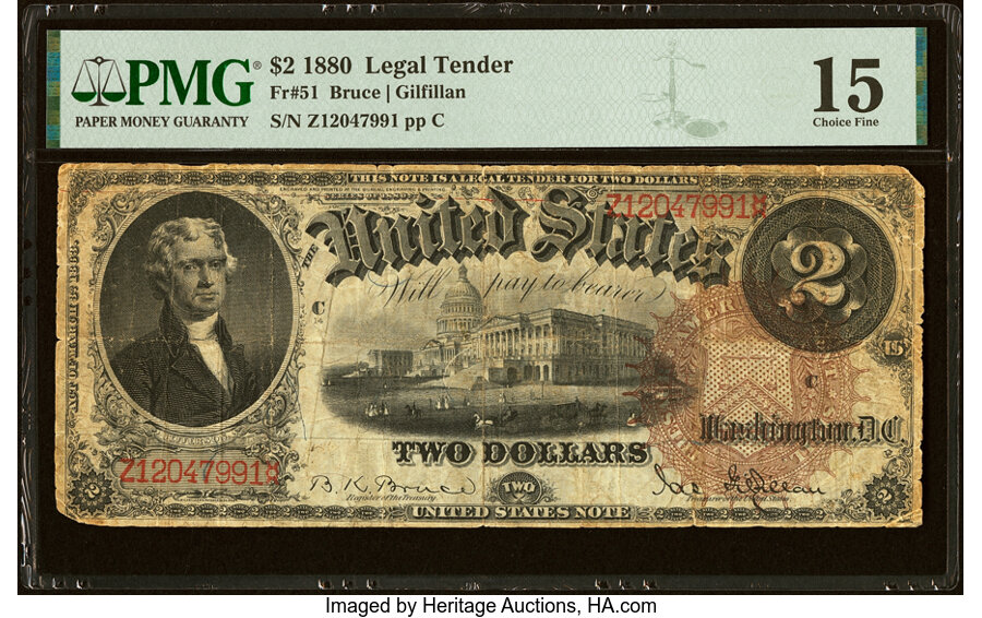 image for: Fr. 51 $2 1880 Legal Tender PMG Choice Fine 15....