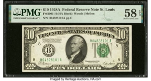 image for: Fr. 2001-H $10 1928A Federal Reserve Note. PMG Choice About Unc 58 EPQ....