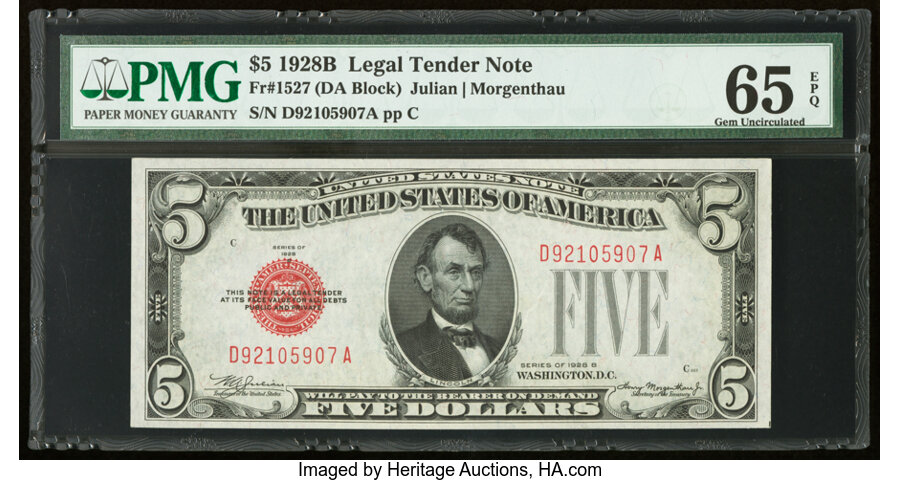 image for: Fr. 1527 $5 1928B Legal Tender Note. PMG Gem Uncirculated 65 EPQ....