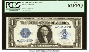image for: Fr. 238* $1 1923 Silver Certificate Star PCGS New 62PPQ....