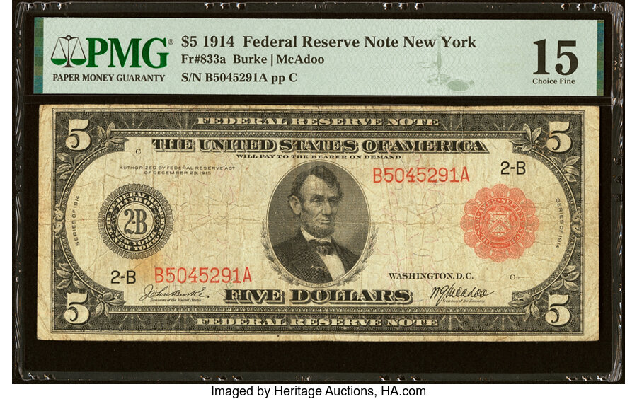 image for: Fr. 833a $5 1914 Red Seal Federal Reserve Note PMG Choice Fine 15....