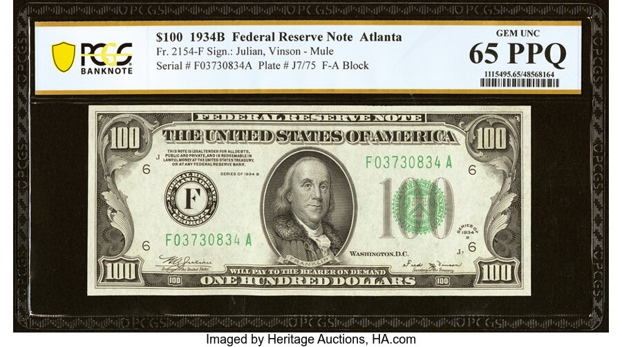 image for: Fr. 2154-F $100 1934B Federal Reserve Note. PCGS Banknote Gem Unc 65 PPQ....