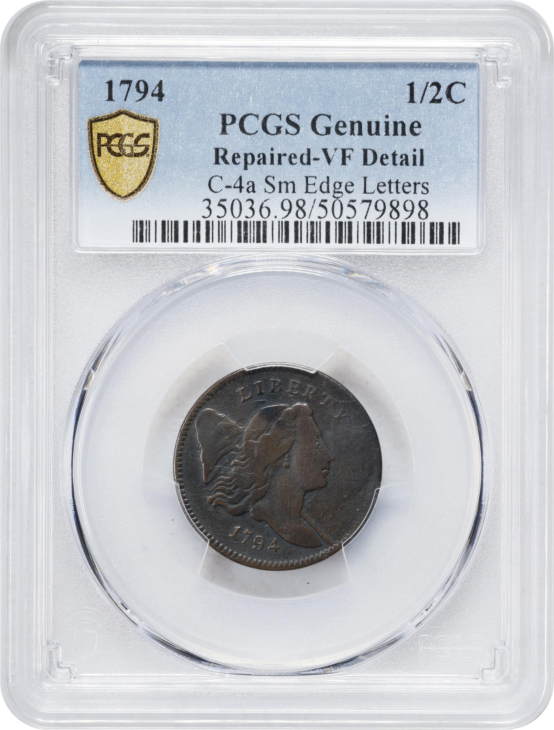 image for: 1794 Liberty Cap Half Cent. C-4a. Rarity-3. Normal Head. Small Edge Letters. VF Details--Repaired (PCGS).