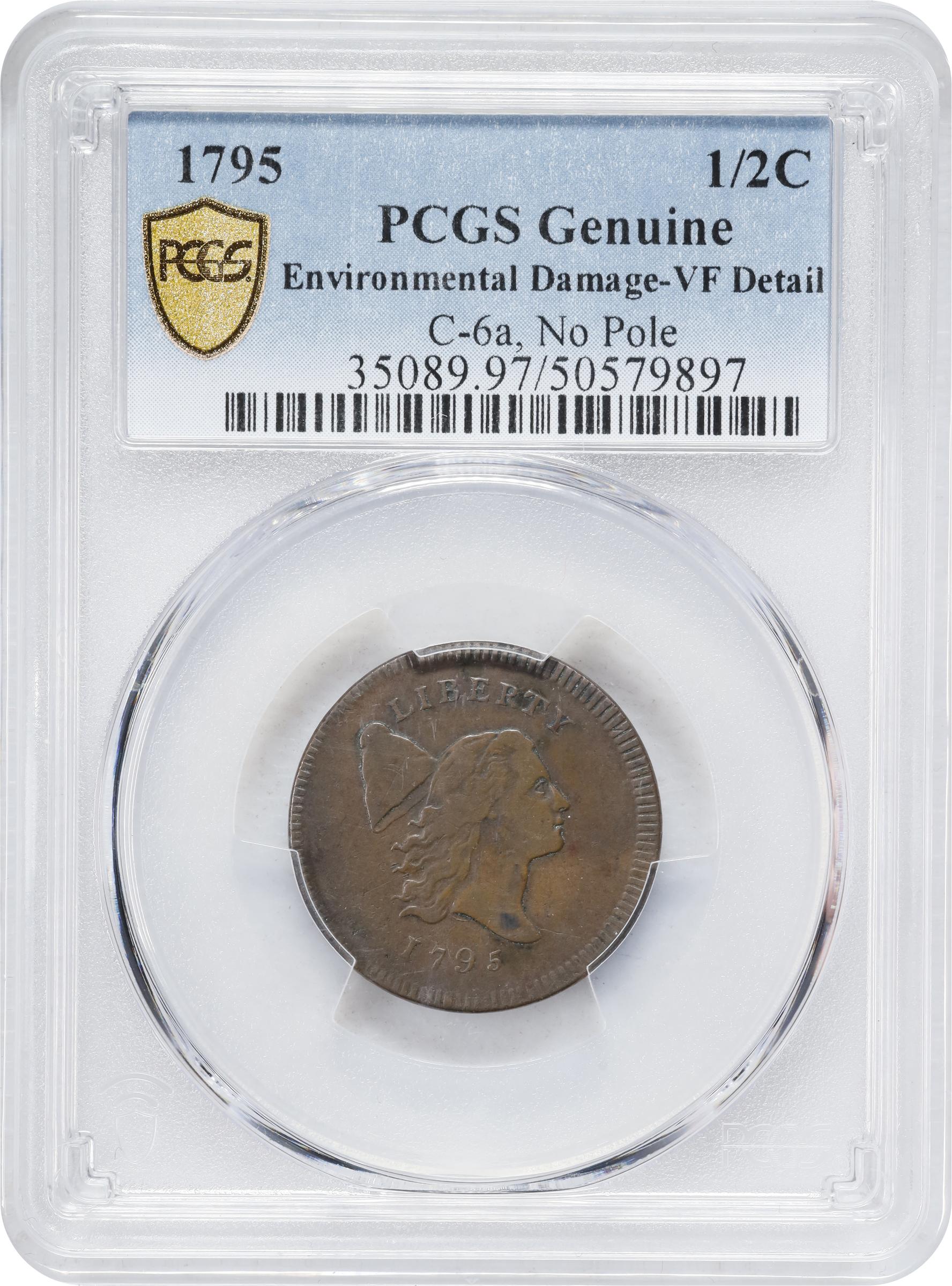 image for: 1795 Liberty Cap Half Cent. C-6a. Rarity-2. Plain Edge, No Pole. Thin Planchet. VF Details--Environmental Damage (PCGS).