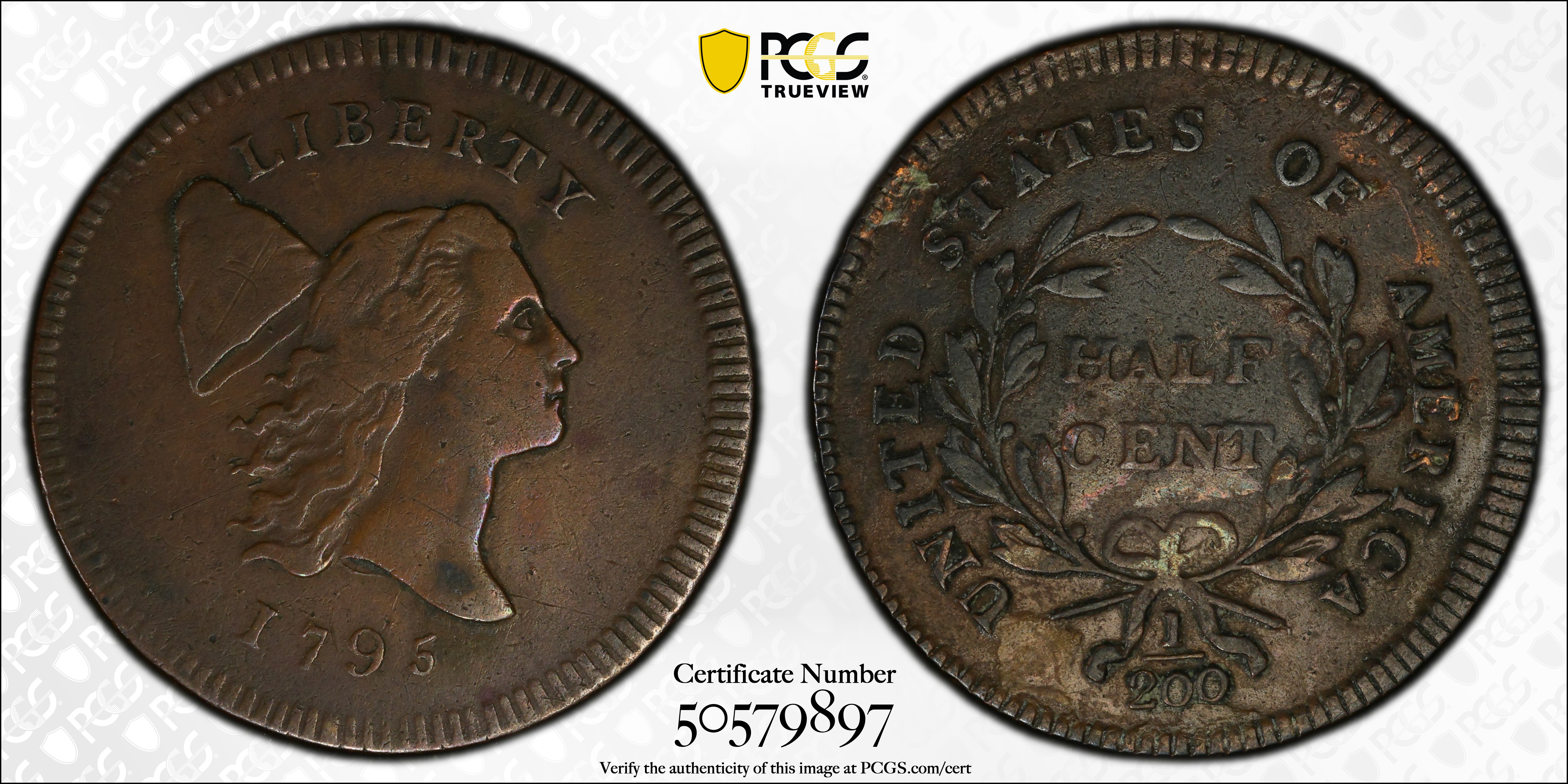 image for: 1795 Liberty Cap Half Cent. C-6a. Rarity-2. Plain Edge, No Pole. Thin Planchet. VF Details--Environmental Damage (PCGS).