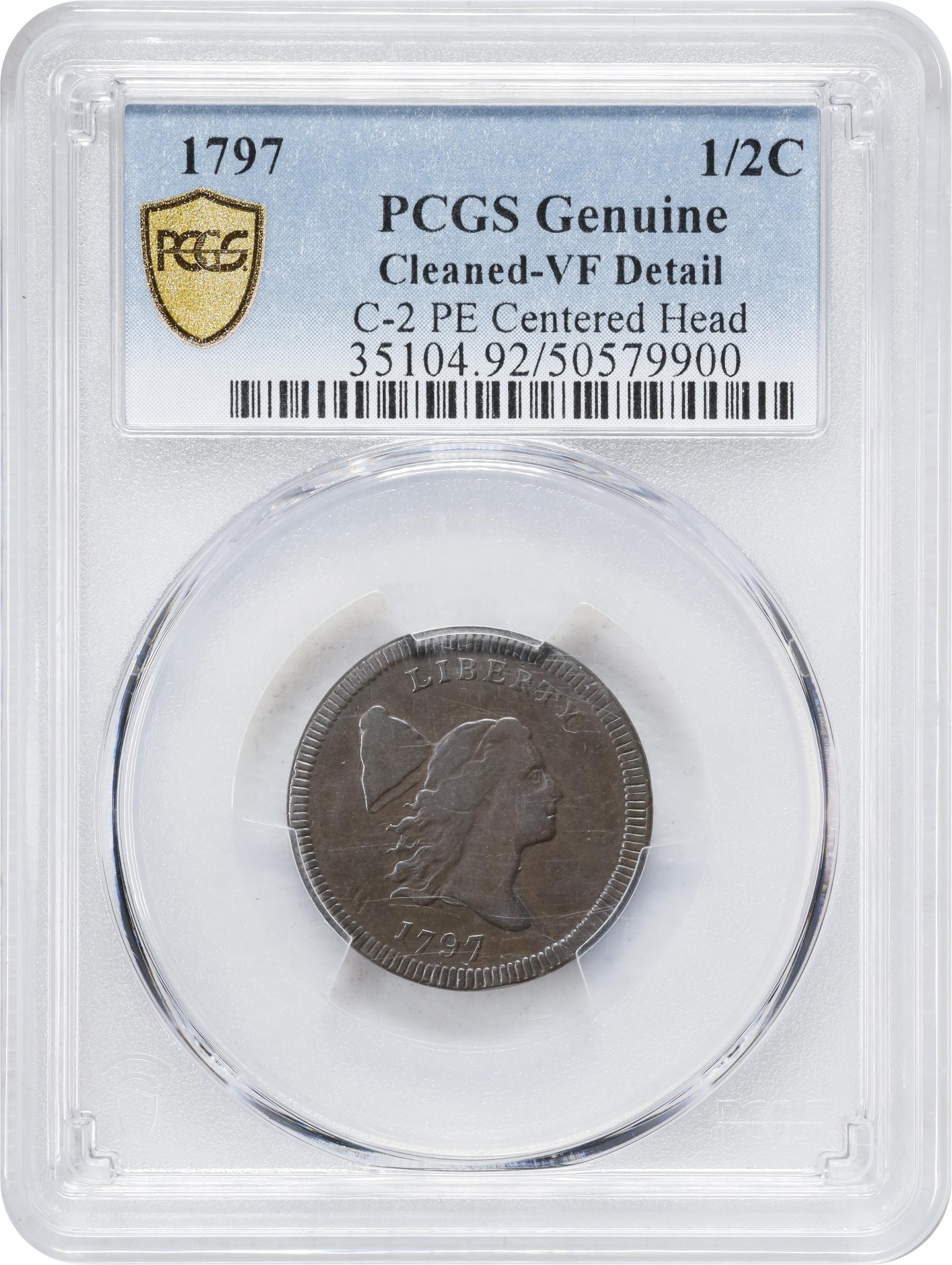 image for: 1797 Liberty Cap Half Cent. C-2. Rarity-3. Centered Head, Plain Edge. VF Details--Cleaned (PCGS).
