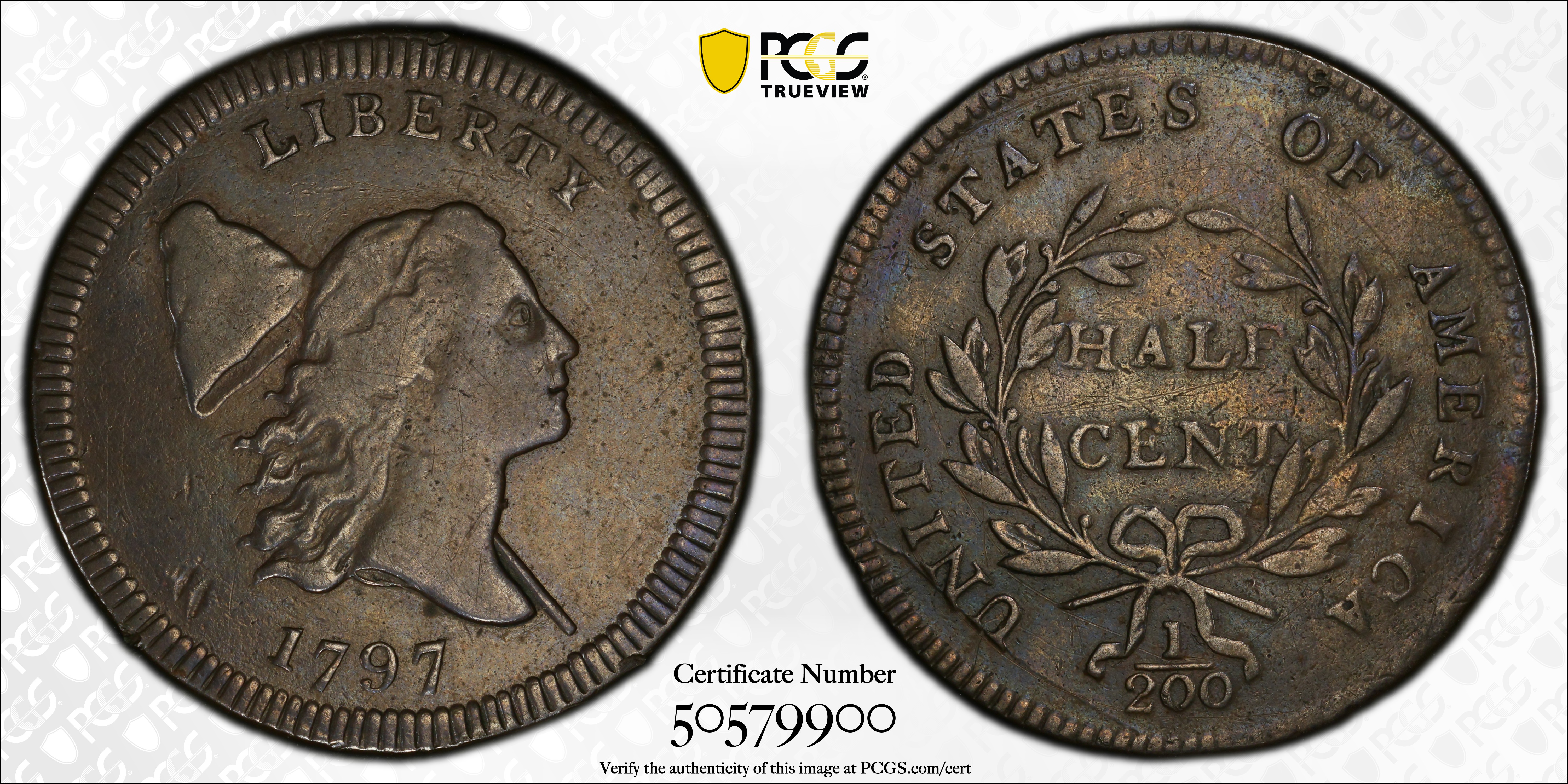 image for: 1797 Liberty Cap Half Cent. C-2. Rarity-3. Centered Head, Plain Edge. VF Details--Cleaned (PCGS).