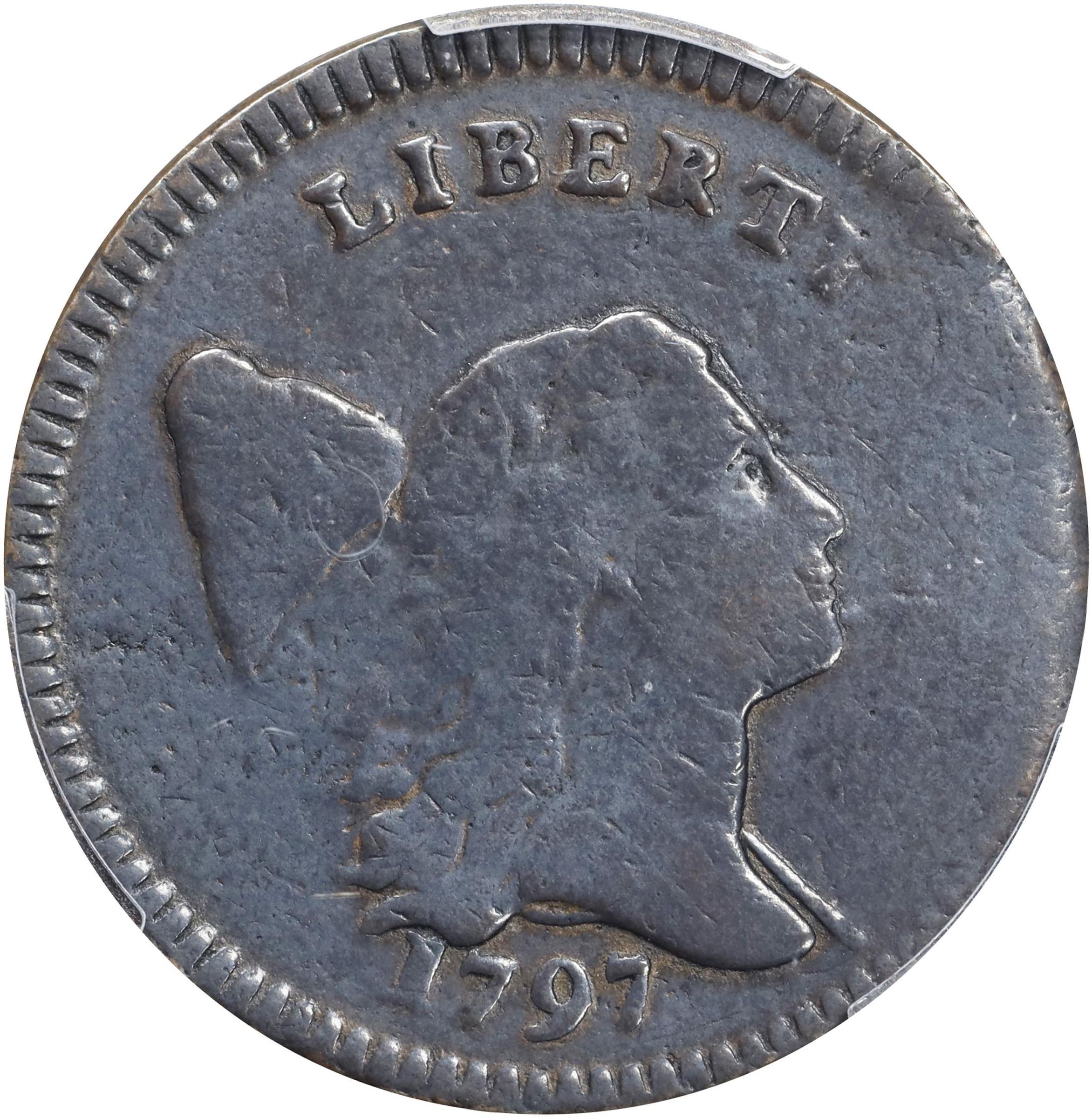 image for: 1797 Liberty Cap Half Cent. C-3b. Rarity-4. Low Head, Lettered Edge. Fine Details--Environmental Damage (PCGS).