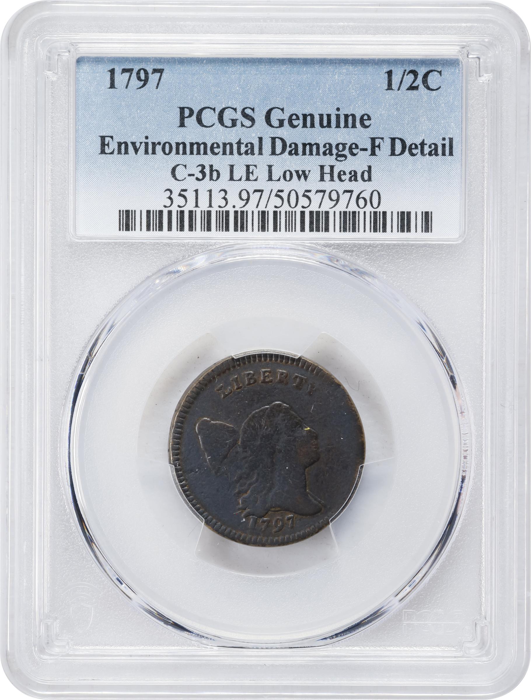 image for: 1797 Liberty Cap Half Cent. C-3b. Rarity-4. Low Head, Lettered Edge. Fine Details--Environmental Damage (PCGS).