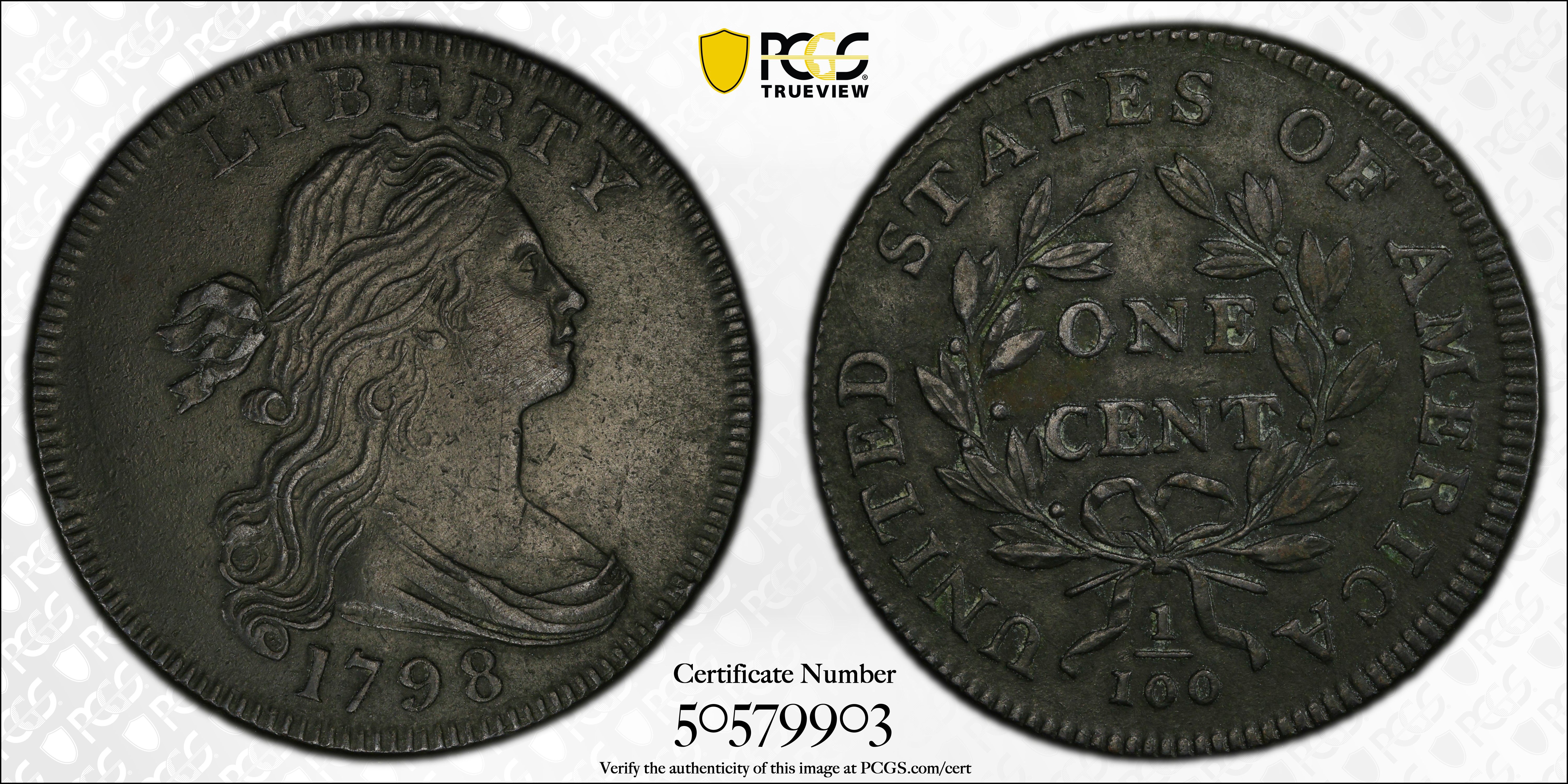 image for: 1798 Draped Bust Cent. S-161, B-22. Rarity-2. Style I Hair. AU Details--Environmental Damage (PCGS).