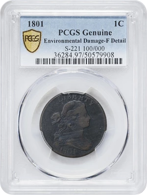 image for: 1801 Draped Bust Cent. S-221, B-5. Rarity-2. 1/100 Over 1/000. Fine Details--Environmental Damage (PCGS).