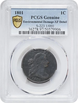 image for: 1801 Draped Bust Cent. S-223, B-17. Rarity-1. Fraction 1/000. EF Details--Environmental Damage (PCGS).