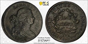 image for: 1807/6 Draped Bust Cent. S-273, B-3. Rarity-1. Large 7, Pointed 1. VF Details--Environmental Damage (PCGS).