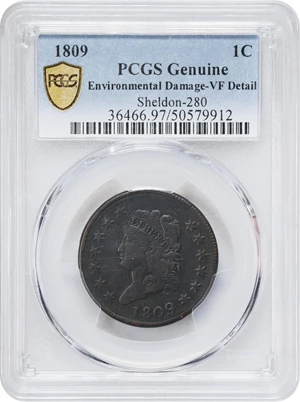 image for: 1809 Classic Head Cent. S-280, B-1. Rarity-2. VF Details--Environmental Damage (PCGS).