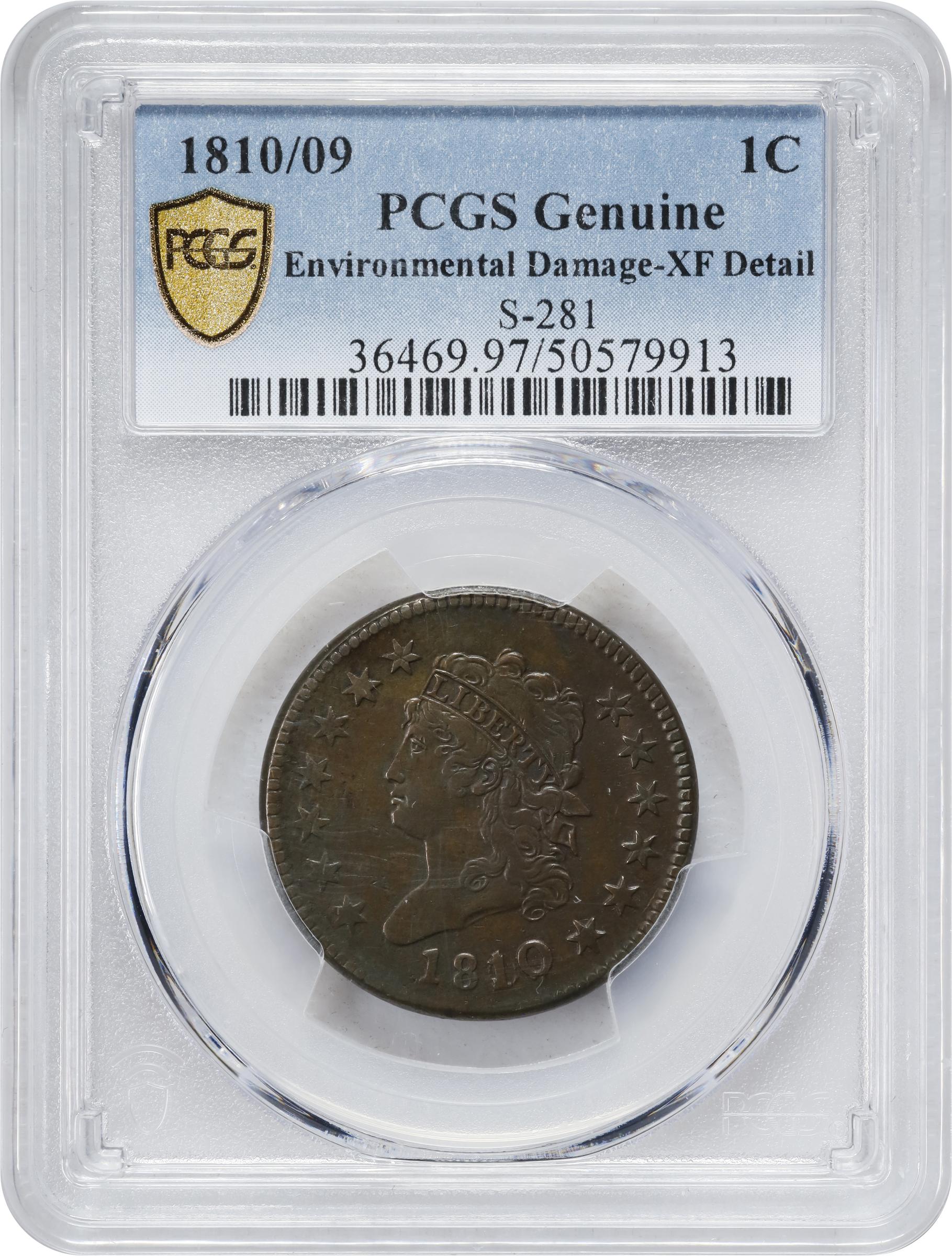image for: 1810/09 Classic Head Cent. S-281, B-1. Rarity-1. EF Details--Environmental Damage (PCGS).
