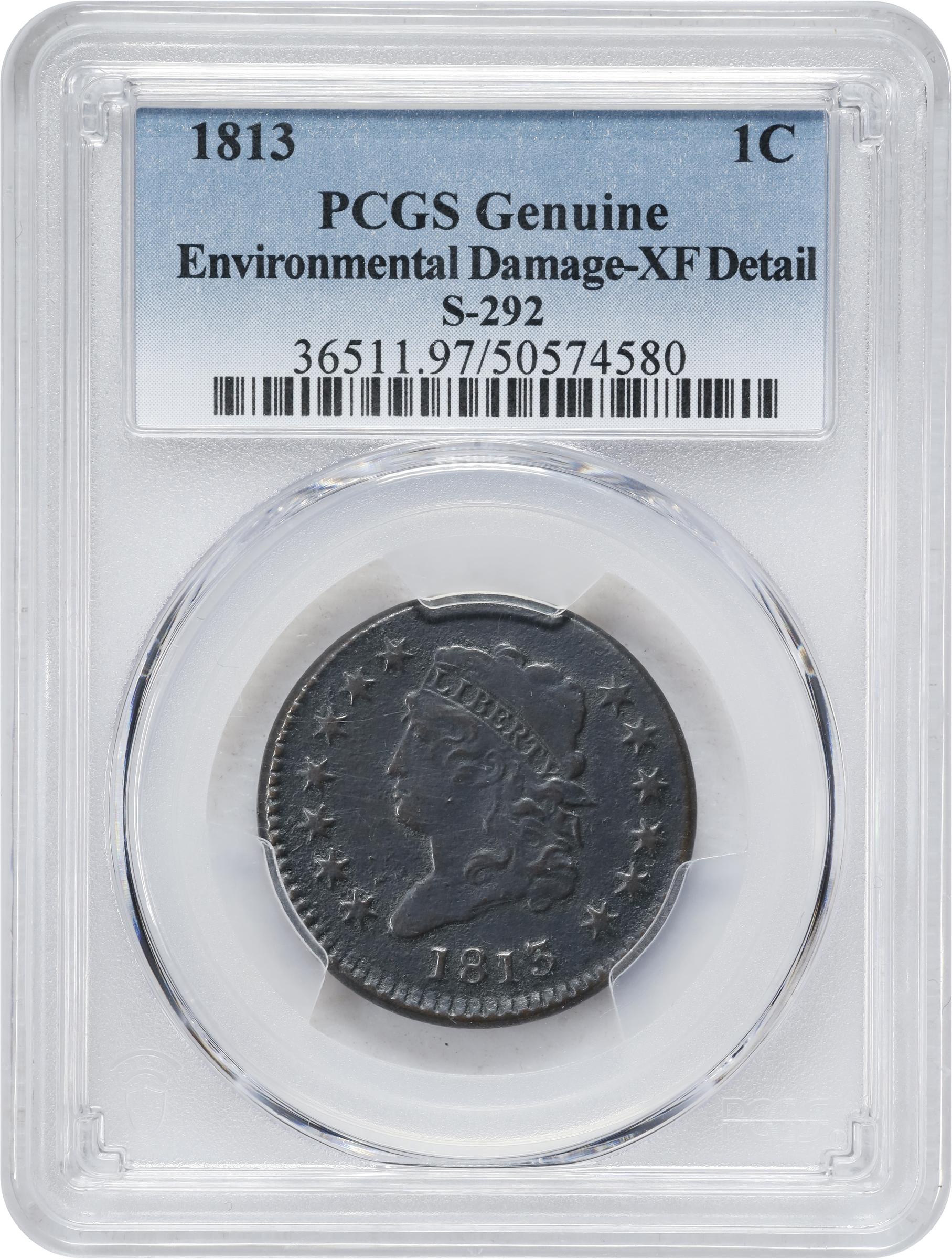 image for: 1813 Classic Head Cent. S-292, B-2. Rarity-2. EF Details--Environmental Damage (PCGS).