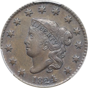 image for: 1824/2 Matron Head Cent. N-1. Rarity-1. AU Details--Environmental Damage (PCGS).