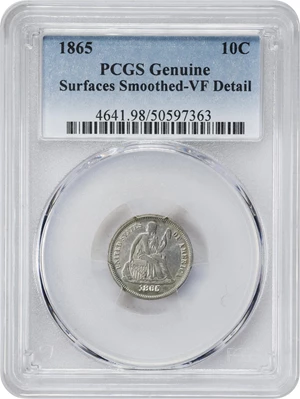 image for: 1865 Liberty Seated Dime. VF Details--Surfaces Smoothed (PCGS).