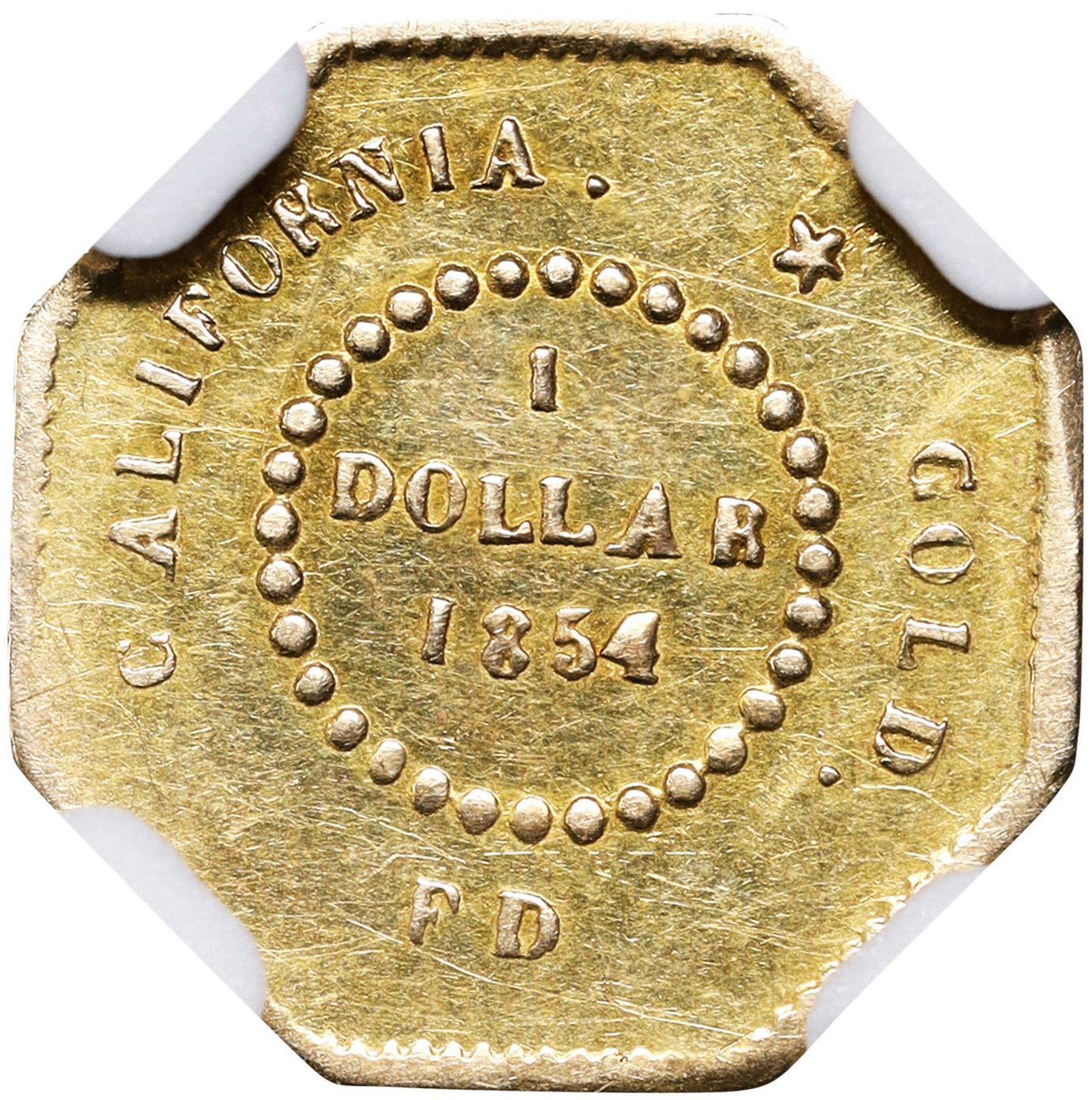 image for: 1854-FD Octagonal $1. BG-510. Rarity-5-. Liberty Head. Unc Details--Cleaned (NGC).