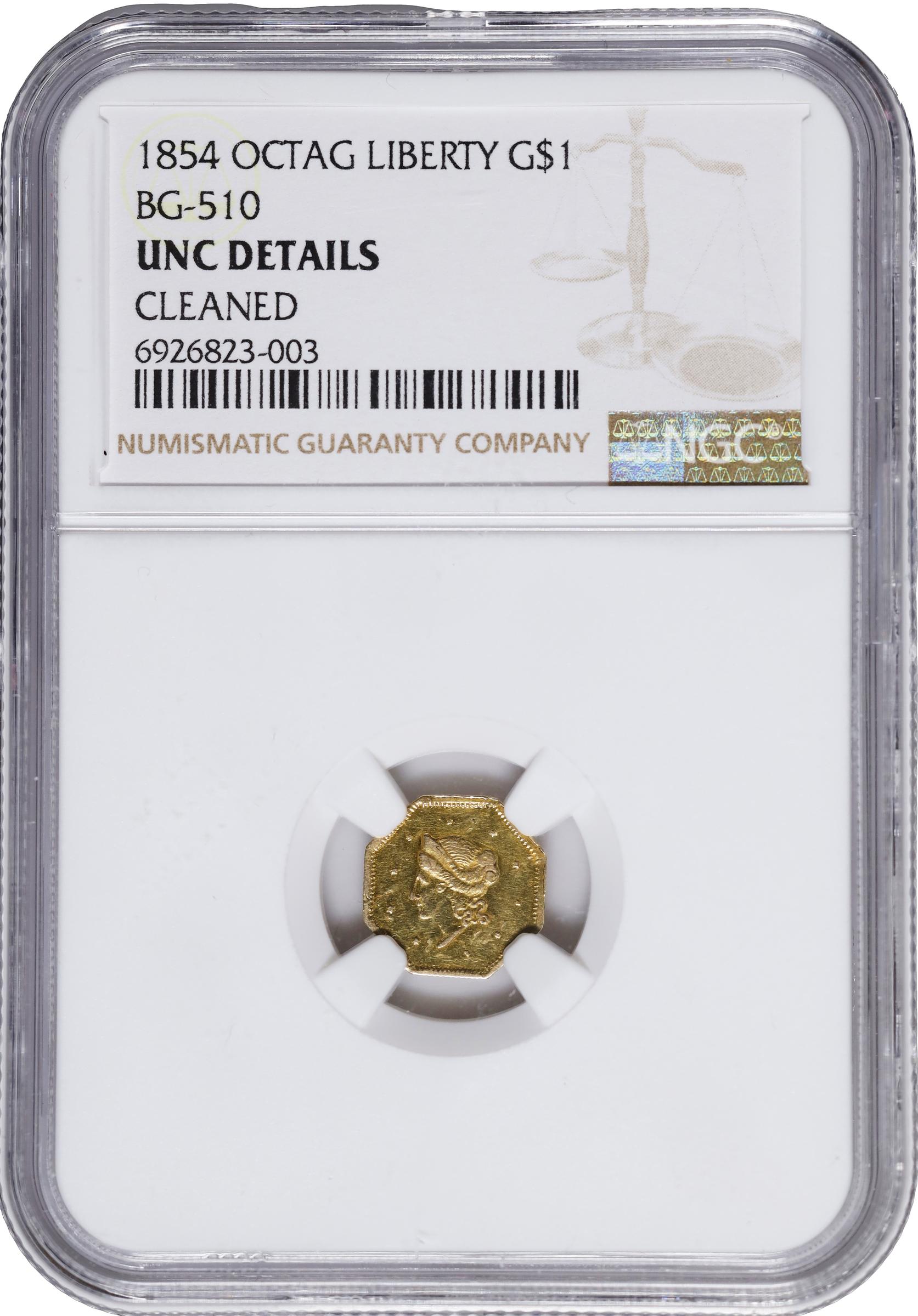 image for: 1854-FD Octagonal $1. BG-510. Rarity-5-. Liberty Head. Unc Details--Cleaned (NGC).