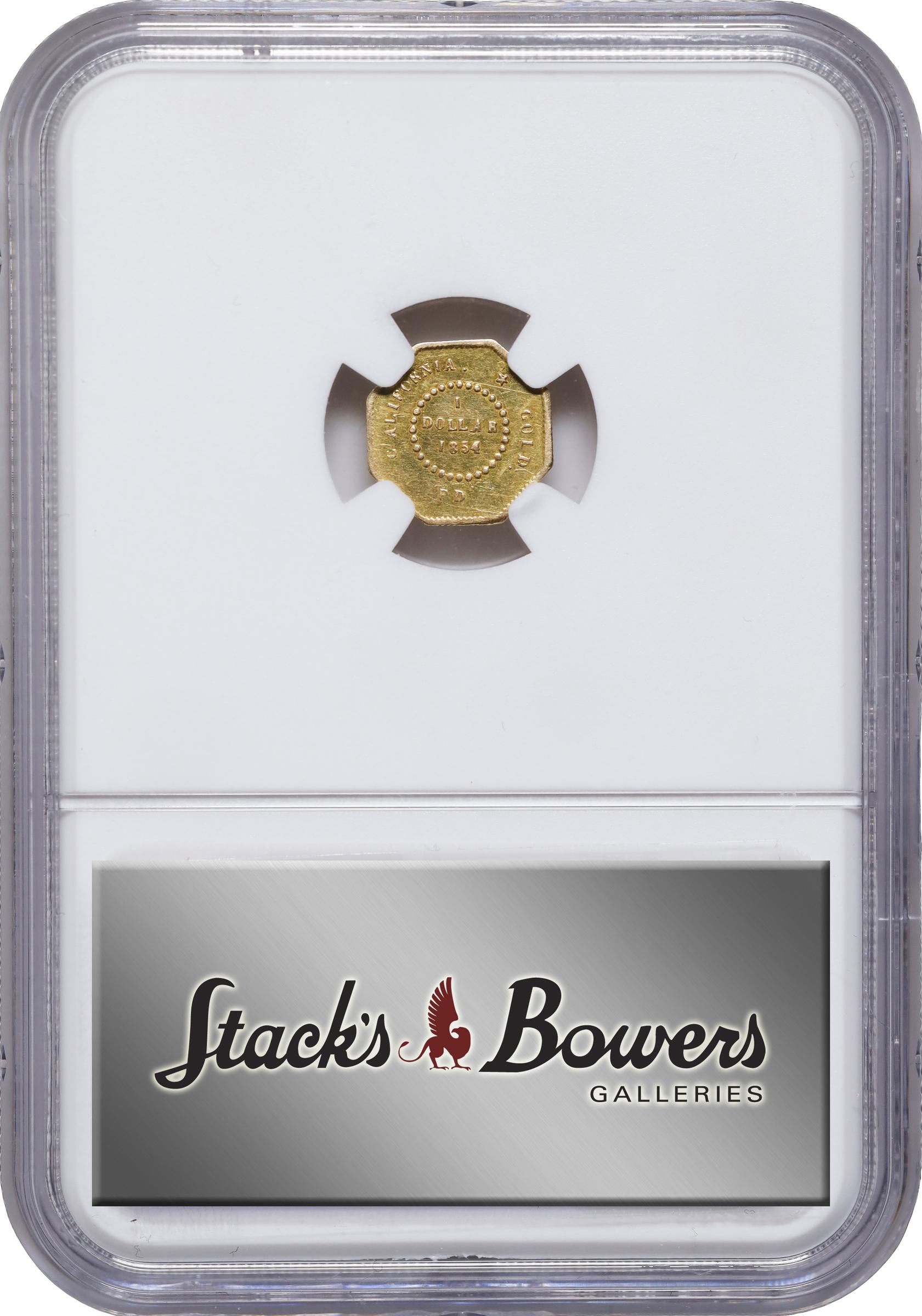 image for: 1854-FD Octagonal $1. BG-510. Rarity-5-. Liberty Head. Unc Details--Cleaned (NGC).