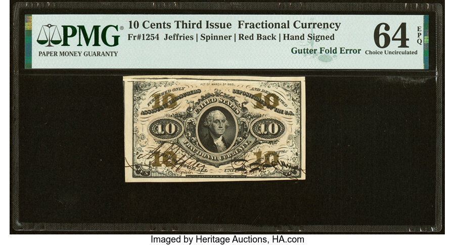 image for: Gutter Fold Error Fr. 1254 10¢ Third Issue PMG Choice Uncirculated 64 EPQ....