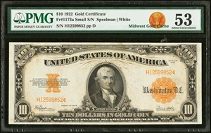 image for: Fr. 1173a $10 1922 Gold Certificate PMG About Uncirculated 53....
