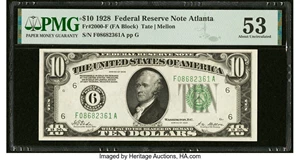 image for: Fr. 2000-F $10 1928 Federal Reserve Note. PMG About Uncirculated 53....