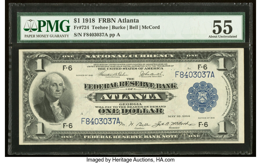 image for: Fr. 724 $1 1918 Federal Reserve Bank Note PMG About Uncirculated 55....