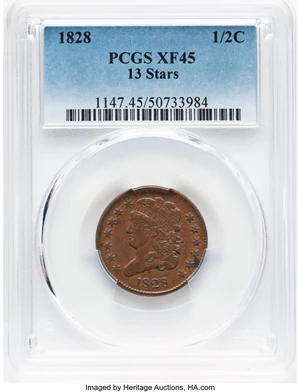 image for: 1828 1/2 C 13 Stars, B-2, C-3, R.1, XF45 PCGS. Mintage 606,000....