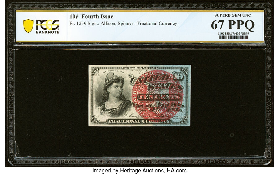 image for: Fr. 1259 10¢ Fourth Issue PCGS Banknote Superb Gem Unc 67 PPQ....