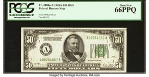 image for: Fr. 2101-A $50 1928A Federal Reserve Note. PCGS Gem New 66PPQ....