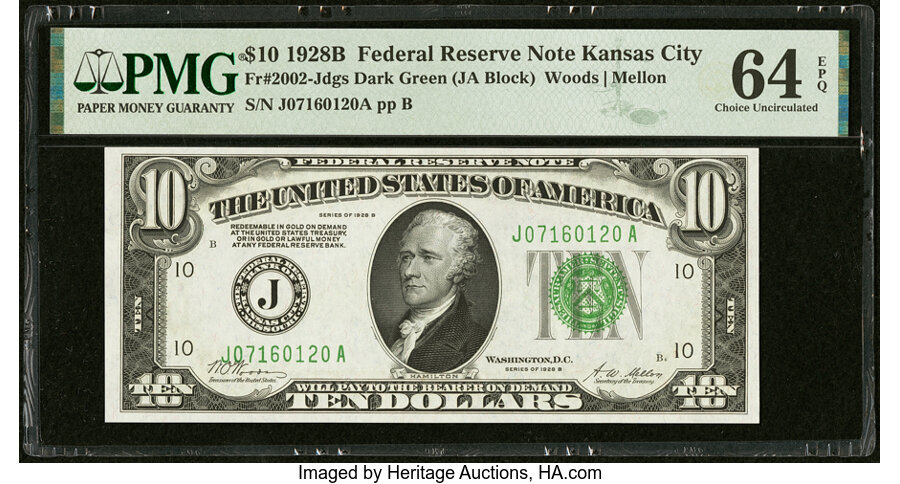 image for: Fr. 2002-J $10 1928B Federal Reserve Note. PMG Choice Uncirculated 64 EPQ....