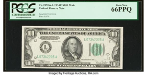 image for: Fr. 2155-L $100 1934C Mule Federal Reserve Note. PCGS Gem New 66PPQ....