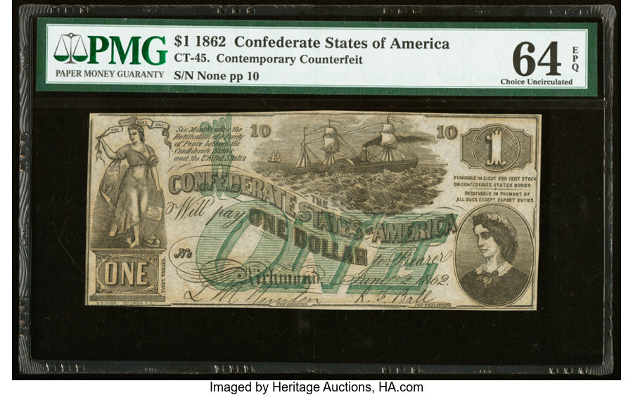 image for: CT45/342 Contemporary Counterfeit $1 1862 PMG Choice Uncirculated 64 EPQ....