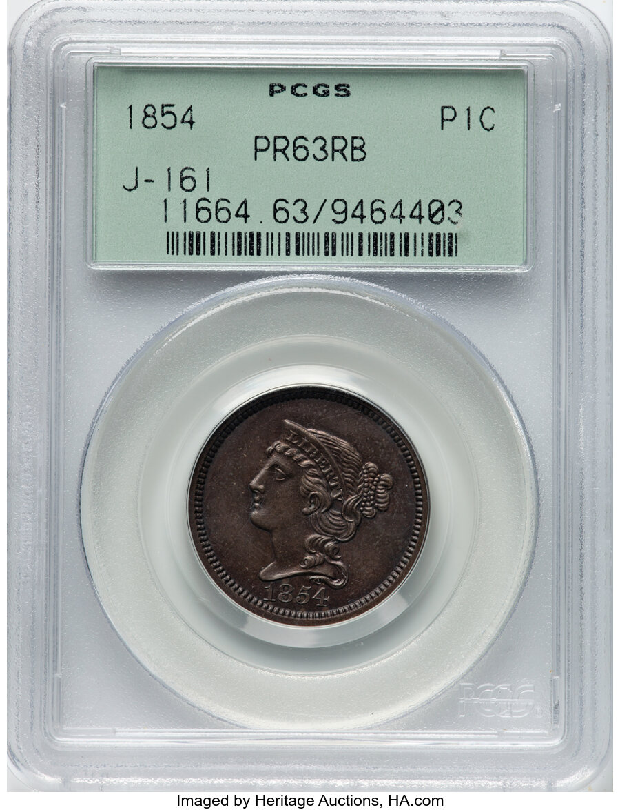 image for: 1854 P1C One Cent, Judd-161 Original, Pollock-187, R.4, PR63 Red and Brown PCGS. Housed in a Generation 3.0 green label hol...