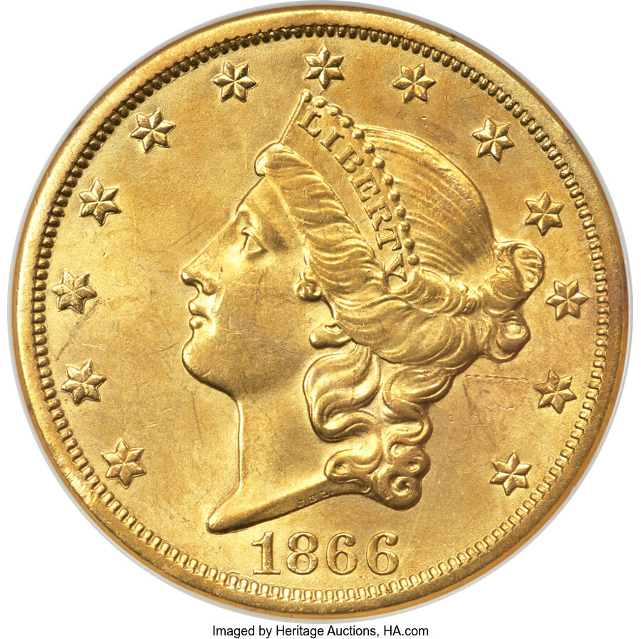 image for: 1866-S $20 Motto, Misplaced Date, FS-301, MS62 NGC....