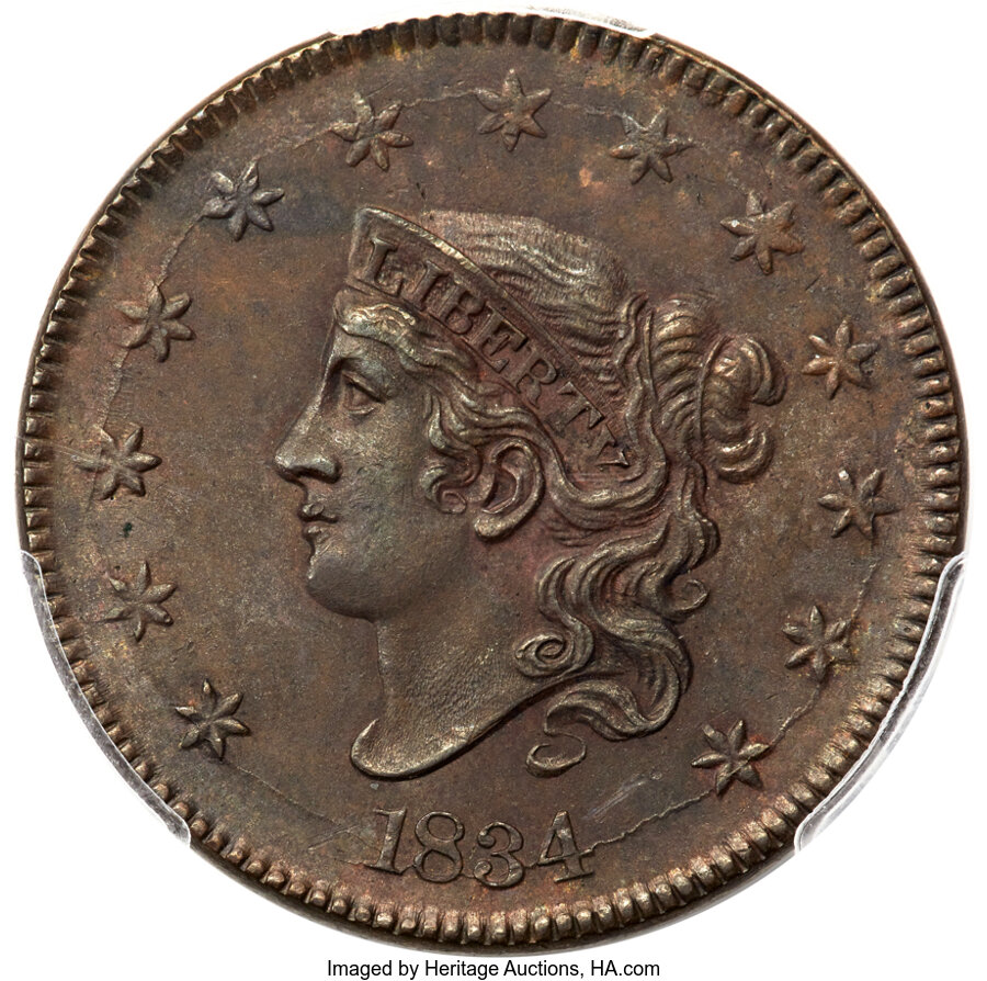 image for: 1834 1C Large 8, Large Stars, Medium Letters, N-5, High R.4, MS62 Brown PCGS....