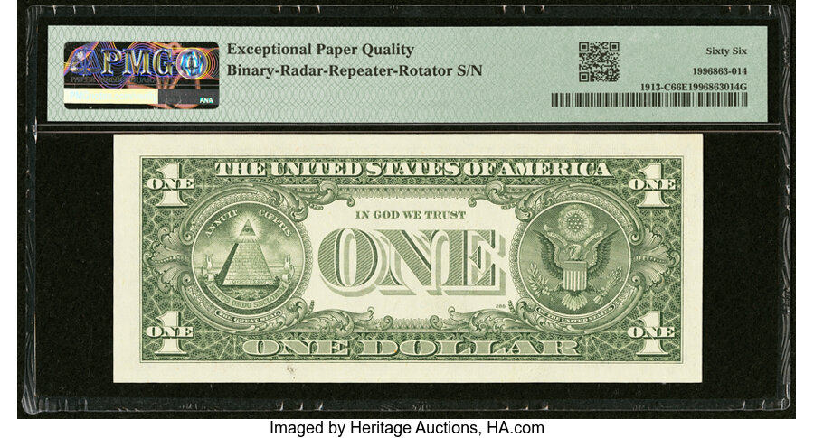 image for: Binary-Radar-Repeater-Rotator Serial Number 10011001 Fr. 1913-C $1 1985 Federal Reserve Note. PMG Gem Uncirculated 66 EPQ....